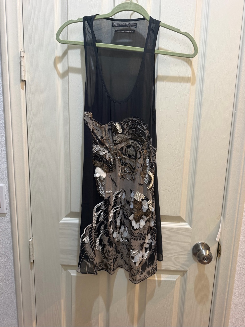 AllSaints Black Sheer Tank with Metallic Sequin Embellishment